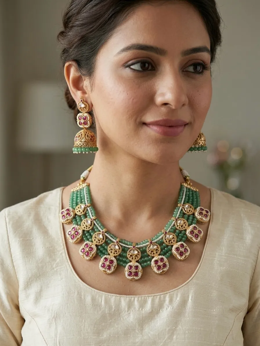 Emerald Bead Kundan Necklace Set