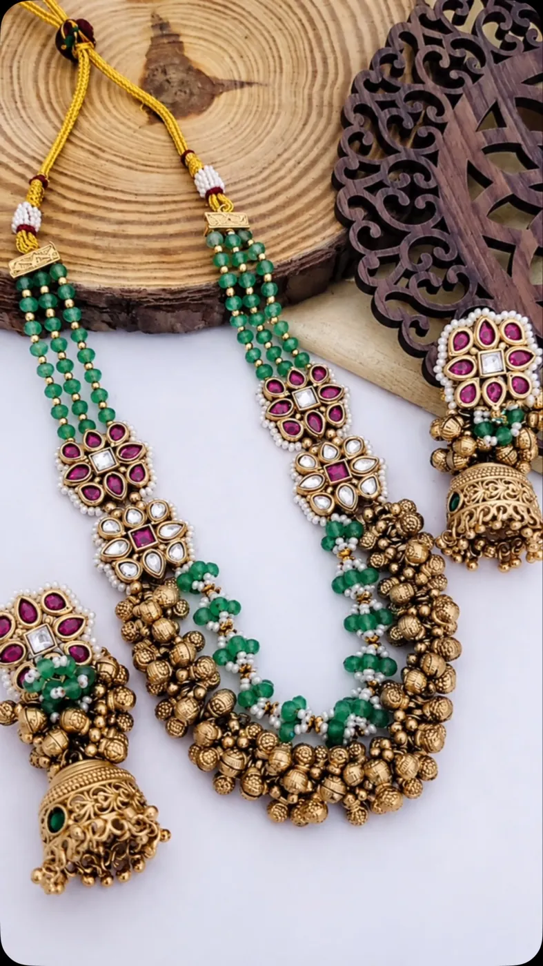 Emerald Bead Long Set with Jhumkas