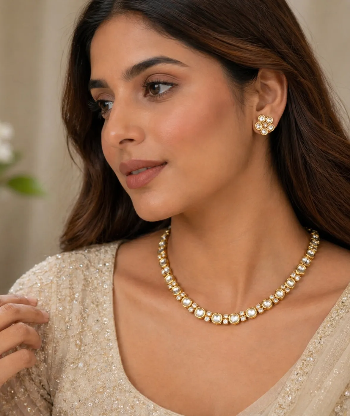 Kundan Line Necklace with Studs