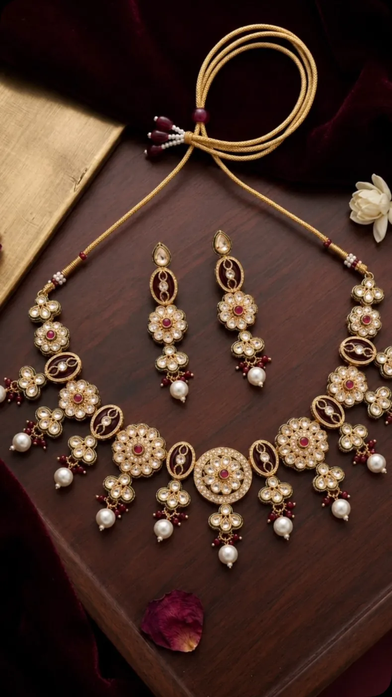 Maroon Kundan Pearl Necklace Set