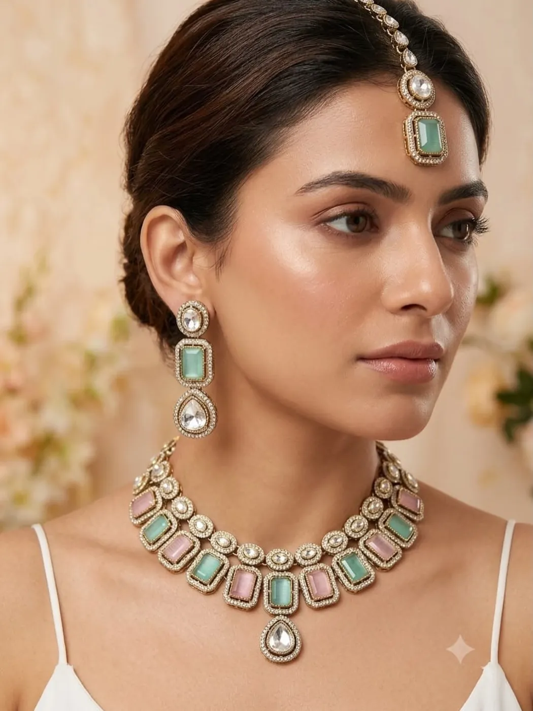 Mint Stone Necklace with Maang Tikka