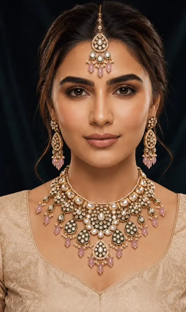 Pink Stone AD Necklace with Maang Tikka